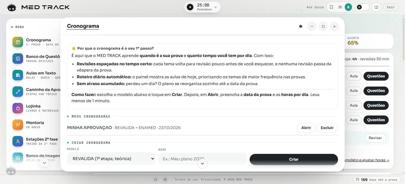 Cronograma: data da prova, revisões espaçadas e roteiro diário