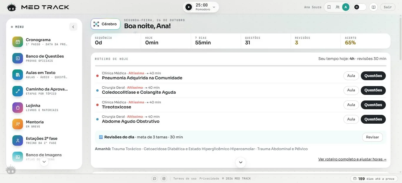 Painel Tiozão: menu lateral, números do dia e o roteiro de hoje
